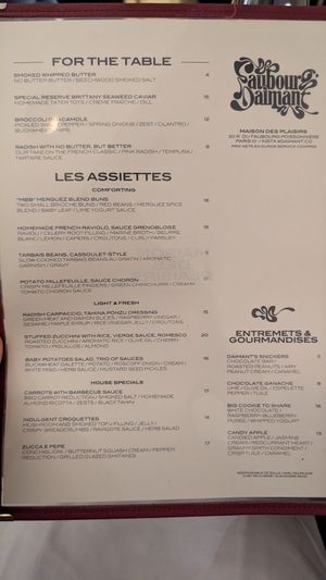 English menu at Faubourg Daimant in Paris