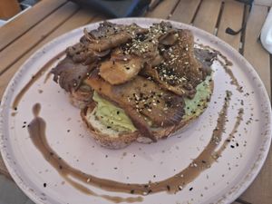 Avocado and oyster mushrooms brunch at SunRose Beach Aparthotel in Corfu