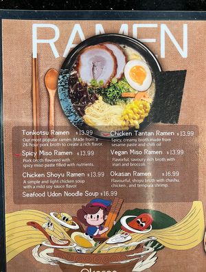 Okasan Ramen - front page of the menu with marked vegan miso ramen option (there are more options)  at Okasan Ramen in South Bend