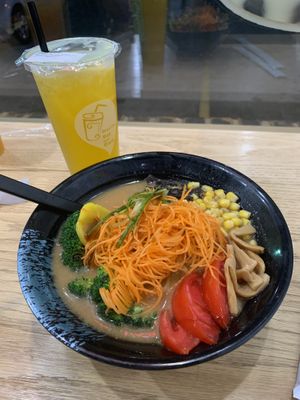 Vegan miso ramen and passionfruit lemonade  at Okasan Ramen in South Bend
