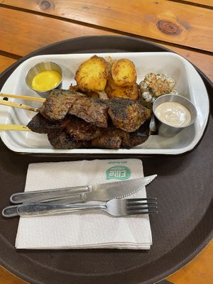Large (3 skewers) Anticuchos with huanciana sauce and anticuchera sauce   at Oiga in Lima