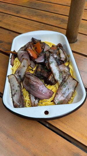 Fideos a la huancaina  at Oiga in Lima