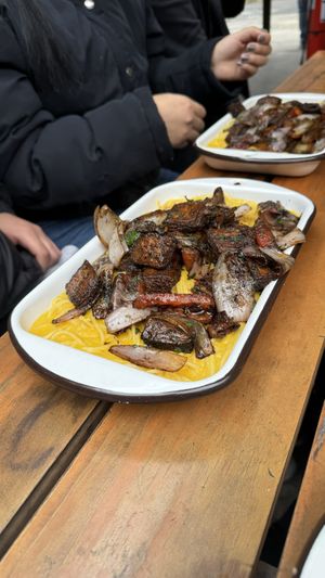 Fideos a la huancaina y lomo saltado  at Oiga in Lima