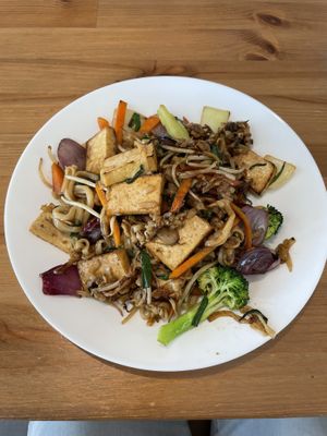 Vegan stir fry fresh rice noodles with Tofu  at Hong's Kitchen in Ballina