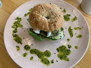 Beautiful presentation, alas chewy and dry af bagel bread  at The Green Bakery in Sydney