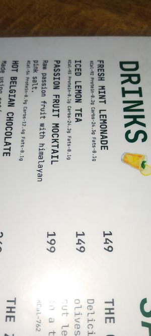 Menu at Taaze' in Chennai