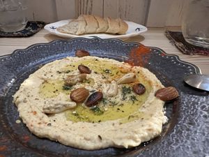 Homemade hummus and rice flour bread - both made from scratch in front of our eyes  at Mer in Tokyo