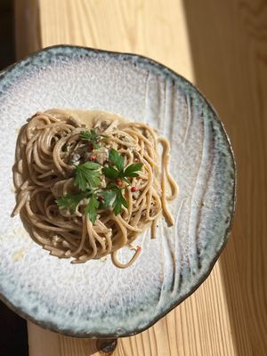 Creamy Porcini Mushroom Pasta with Soy Milk and Sake Lees  at Mer in Tokyo