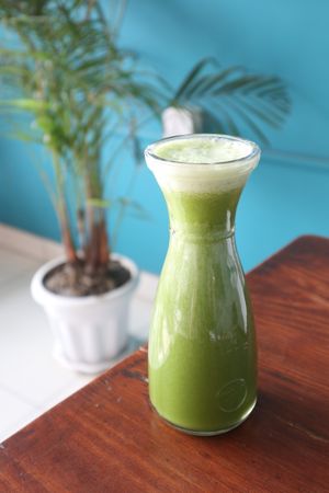 Green juice, good size 🥰 (very frothy though, so something’s a bit off)  at Organic Smoothie Bowl and Café - Boudhha in Kathmandu