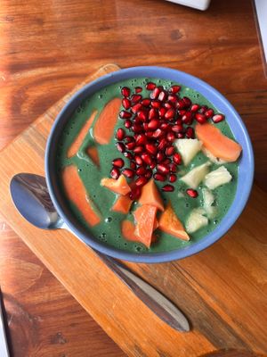 Not the prettiest presentation and smoothie was watery (like a drinking one, not proper for a bowl), but the spirulina was nice at Organic Smoothie Bowl and Café - Boudhha in Kathmandu