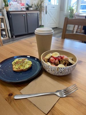 Gf/v Avo Toast & Protein Waffle Bites (both 1/2 orders) oatmilk latte😄 at Karma Cafe & Smoothie Bar in Waukesha