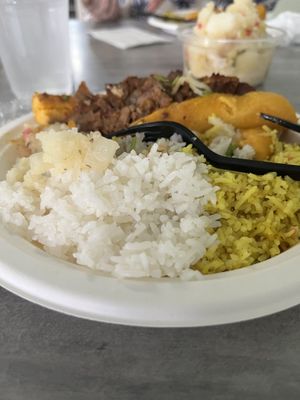 Basmati and jasmine rice and plantain canoas with vegan meat  at La Familia in Mayaguez