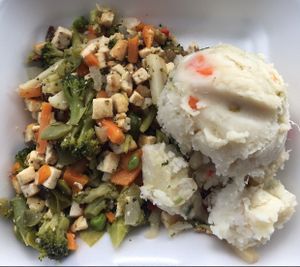 Tofu with veggies and Ñame at La Familia in Mayaguez