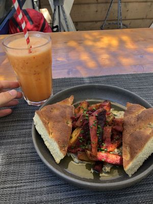 Really delicious baba ganoush with grilled veggies and focaccia  at Yabalulu in Vila Nova De Milfontes