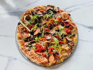 NY style pizza w/ toppings.  at Slice House in Thousand Oaks