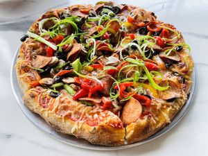 NY style pizza w/ toppings.  at Slice House in Thousand Oaks