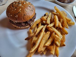 Lentil burger with fries at Ptarmigan Dining Hall in Browning