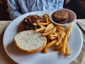 Lentil burger, fries, falafel cakes at Ptarmigan Dining Hall in Browning