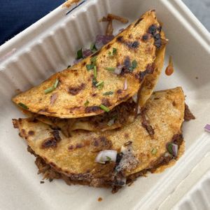 quesabirria tacos from El Taquero Vegano  at North Park Vegan Food PopUp in San Diego