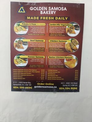 Menu at Golden Samosa Bakery in Surrey