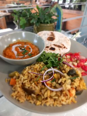 vegetable Biryani,  with spicy Dahl, tomato cucumber  home made Roti bread
Vegan at Soul Foods in Alford
