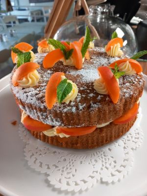 Vegan layer sponge cake filled with vegan buttericing and locally sourced Apricots at Soul Foods in Alford