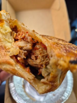 Italian ragu pie $8.50: quite good but taste mainly of tangy tomato at Greens Supermarket in Newtown