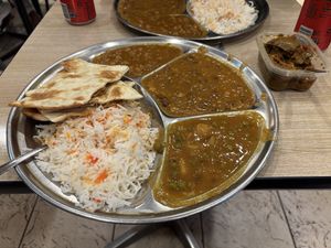 3 curries, rice, and roti   at Om Vegetarian - Wales Arcade in Melbourne