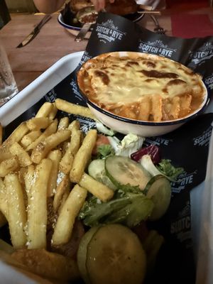 Loaded mac n cheese with bbq jackfruit and garlic friess  at Scotch & Rye in Inverness