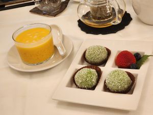 Chilled sago with mango, green tea and mango rice dumplings at Disneyland - Plaza Inn  in Outlying Islands