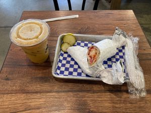 Vegan pizza croissant and vegan Golden Latte at Vanilla Gorilla Cafe in New York City