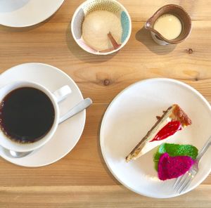 Banana tofu cake with organic coffee at Ukishima Garden in Naha