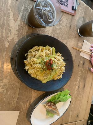 Pasta of the day and gyoza vegan   at Ukishima Garden in Naha