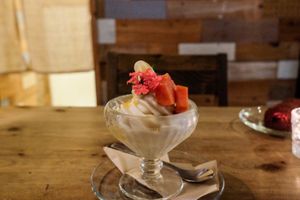Sundae with fruits and edible flower at Ukishima Garden in Naha