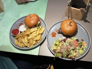 Tempelburger with fries and Tempelburger with salad  at Katzentempel - Freiburg in Freiburg