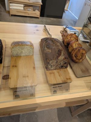 Lemon poppy cake, banana bread and cardamom knots at Tonka Pastisseria Vegana in Barcelona