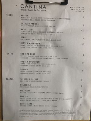 Menu Sept 2023  at Cantina in Newcastle Upon Tyne