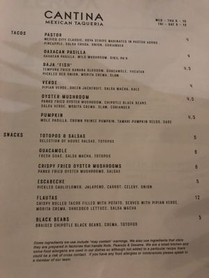 Menu Oct 2023  at Cantina in Newcastle Upon Tyne