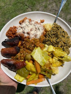 Platter with all four mains + a few plantains at Asempe Kitchen in Ithaca