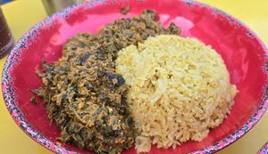 Egusi & Saffron Rice: "Rich and hearty, this traditional West African stew combines spinach with onions, ginger, garlic, tomatoes, and spices" at Asempe Kitchen in Ithaca