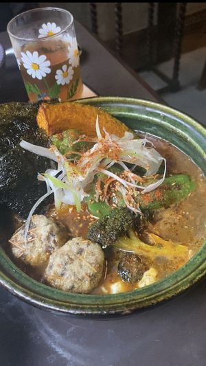 “Kai” Vegetable curry broth with tofu + tempura seaweed. Standard dashi with level 3 spice and “power balls” (tofu/mushroom meatballs) with rice  at NEWORDER in Osaka