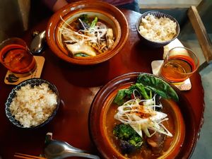 "Kin - fungi" curry soup (above) and "Kai - ocean" curry soup (below). at NEWORDER in Osaka