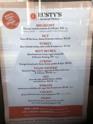 Menu (July 2023) more sides and specials written inside  at Rusty's Sandwich Parlour in Brunswick East