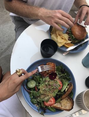 2019 pic! I had the Salad (its changed since this pic!) and my partner (vegetarian) had the Halloumi Burger    at Arvo Cafe in Honolulu