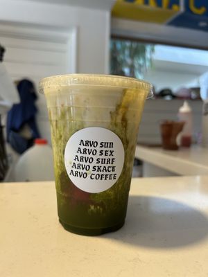 Strawberry matcha latte with oat milkk  at Arvo Cafe in Honolulu