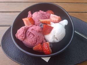 Raspberry and lemon are  vegan at Bistro Le Soigneur in Plombieres