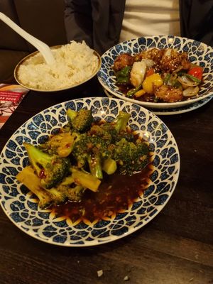 Chilli broccoli and fried Korean dish at Dim T - Victoria in South West London