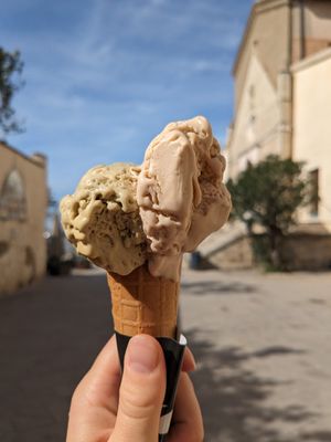 Vegan pistachio and hazelnut ice cream at Gelateria Le Logge in Orbetello