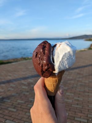 Vegan dark chocolate & vegan coconut ice cream at Gelateria Le Logge in Orbetello