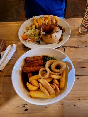 Vegan sausage and chips and vegan pie and chips at Wight Mouse Inn in Ventnor